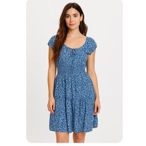 THE GENERAL GOOD Benny Smocked Waist Tie-Front Dress Blue Floral Size Small